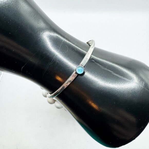Vtg Sterling Silver Cuff Lab Created Opal Cabochon Thin Cuff Bracelet Southwest - Picture 6 of 13